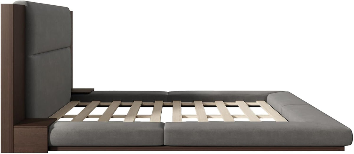 VilroCaz Modern King Size Upholstered Grounded Bed, Velvet Fabric Floor Upholstered Platform Bed with Extended Wood Headboard & Bedside Shelf, No Box Spring Required (King)