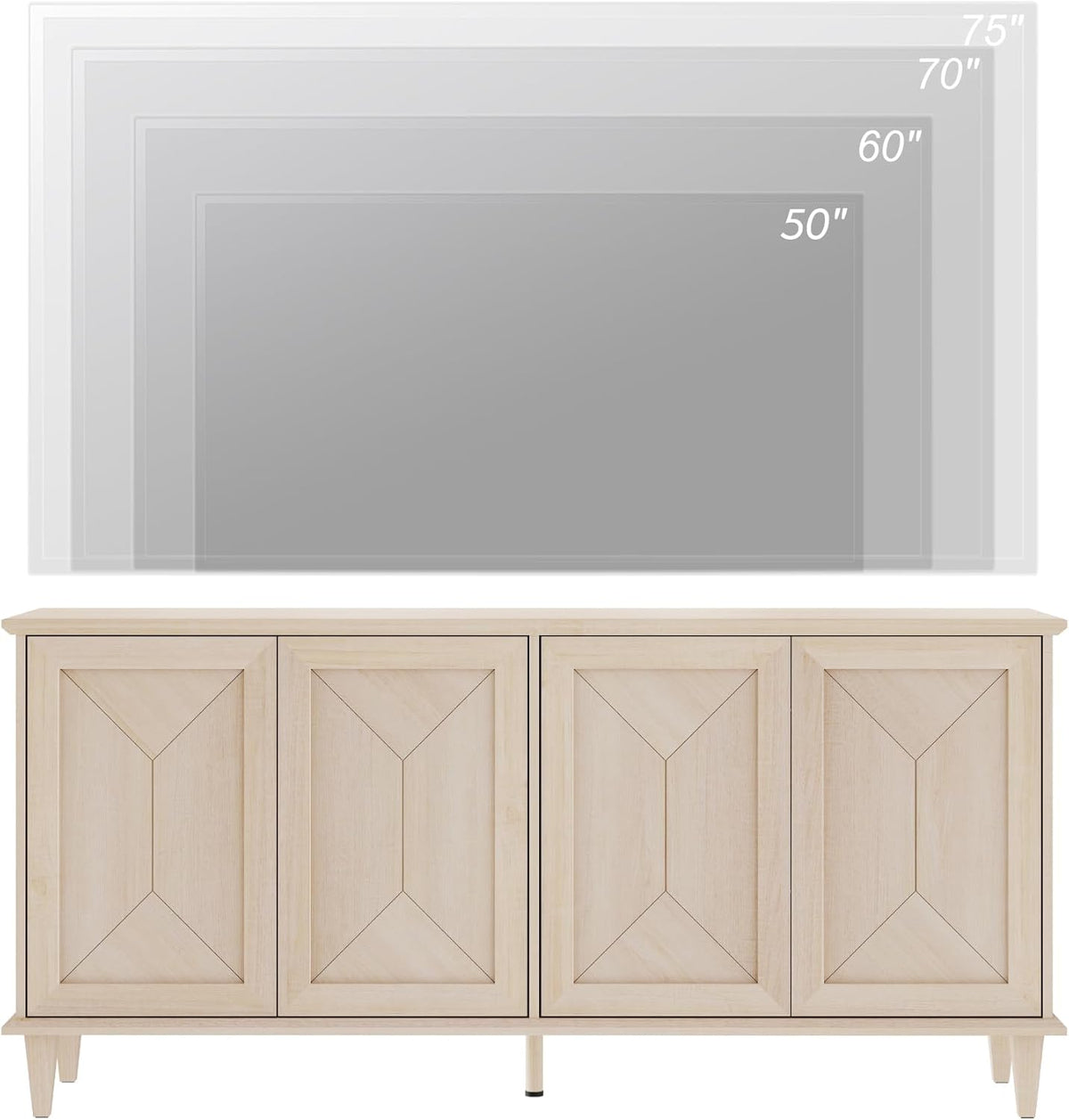 WAMPAT 65-inch Handcrafted Patchwork Decorative Buffet Cabinet with Pop-Up Design Doors,Full Unit Modern Farmhouse Accent Credenza for Coffee Bar, Kitchen, and Living Room,Beige Light Oak