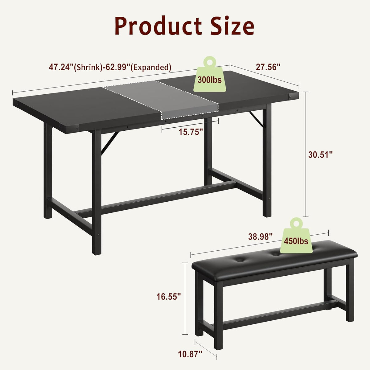 3-Piece Dining Table Set for 4-6 People, Extendable Kitchen Table Set with 2 Upholstered Benches, Dining Room Table Set for Apartment, Kitchen, Living Room, Black