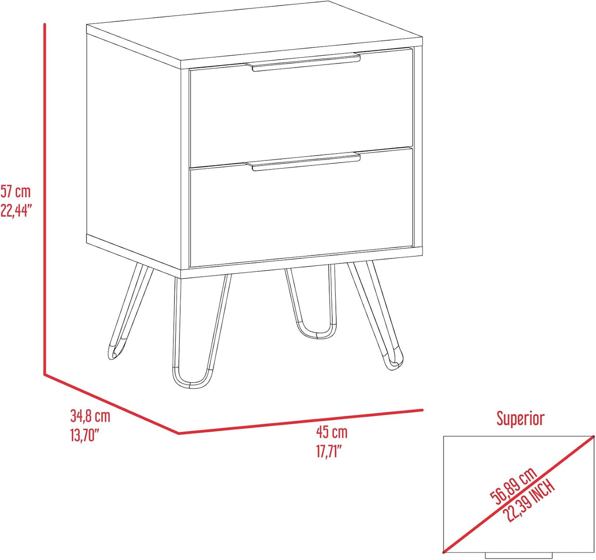 Nightstand,Two Drawers, Hairpin Legs,for Small Spaces