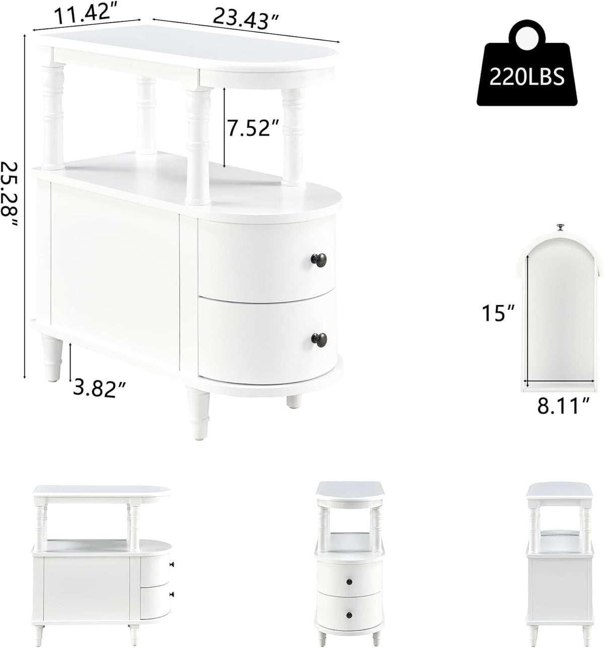 PADMA HOUSE Solid Wood End Table with 2 Drawers, Narrow Sofa Side Table Slim Chair Side Table with Storage Shelf, Vintage Slim Nightstand Bedside Table, White，BG-A508-WT
