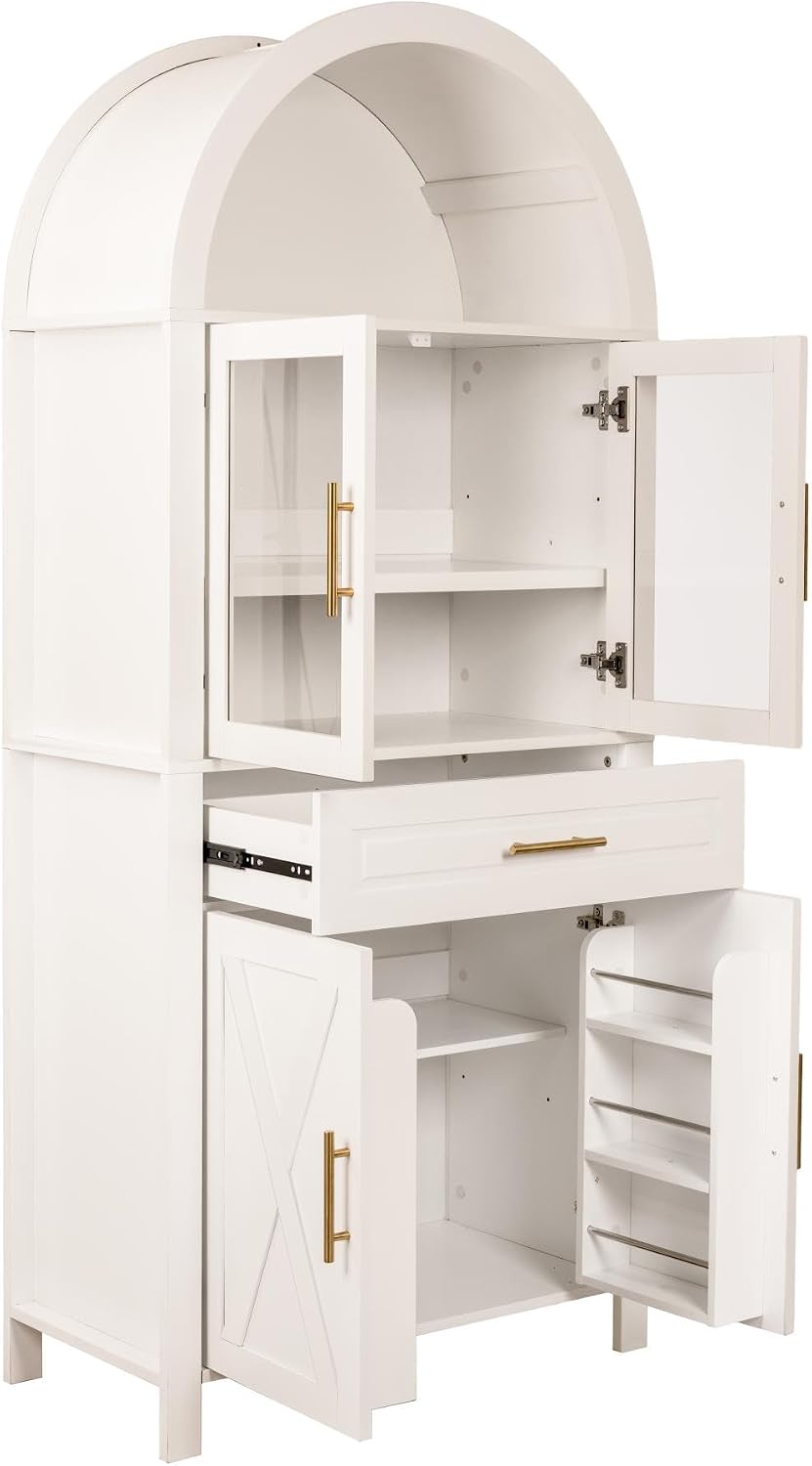 SOFTSEA Arched Kitchen Pantry Cabinet with Glass Door, 71" Tall Cupboard Cabinet with Adjustable Shelves & Barn Door, Farmhouse Kitchen Hutch with Drawer for Dining Room, White