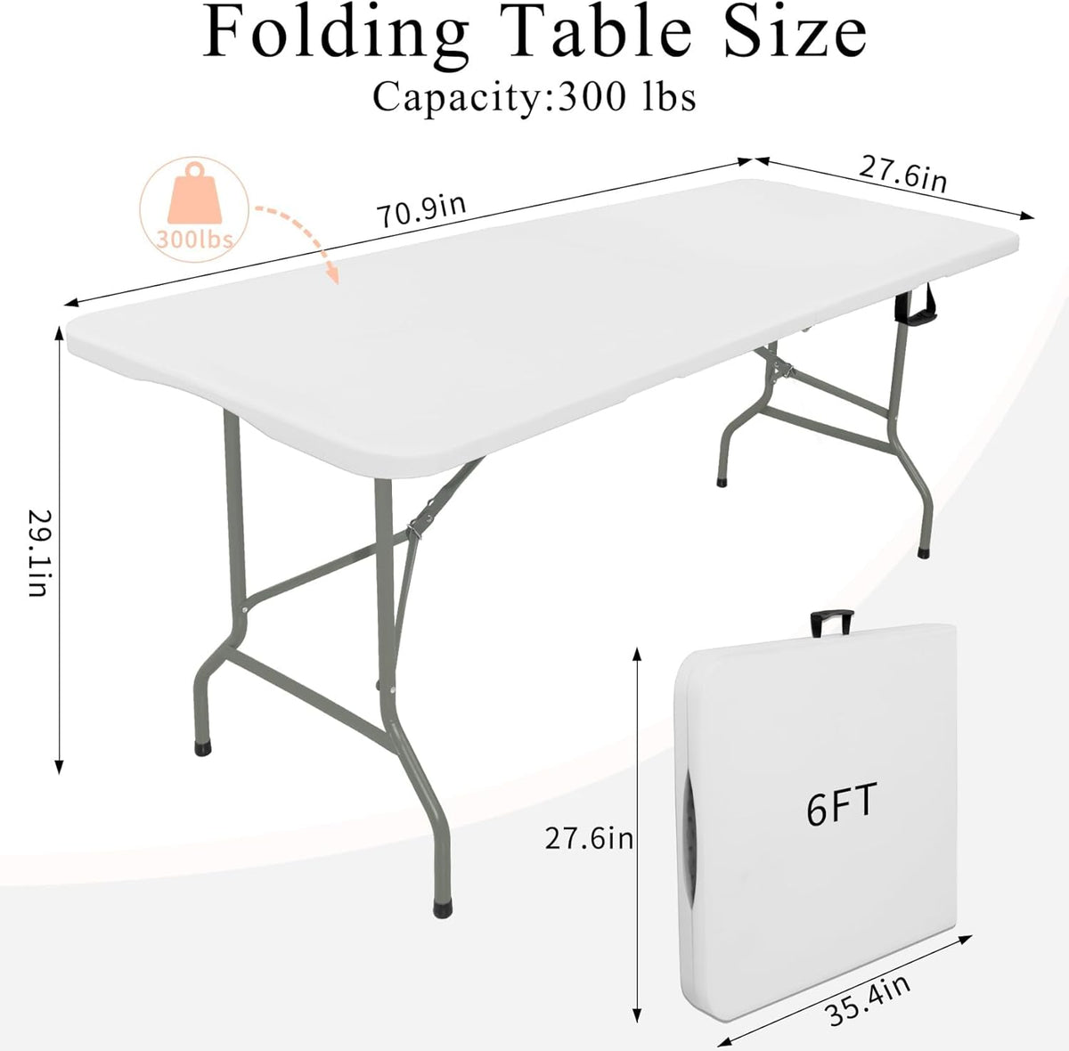 Set of 2 Folding Tables with Carrying Handle Lightweight 6FT Rectangular Portable Plastic Camping Table Steel Legs for Indoor Party, Dining, Outdoor Wedding, Events, Picnic (White)