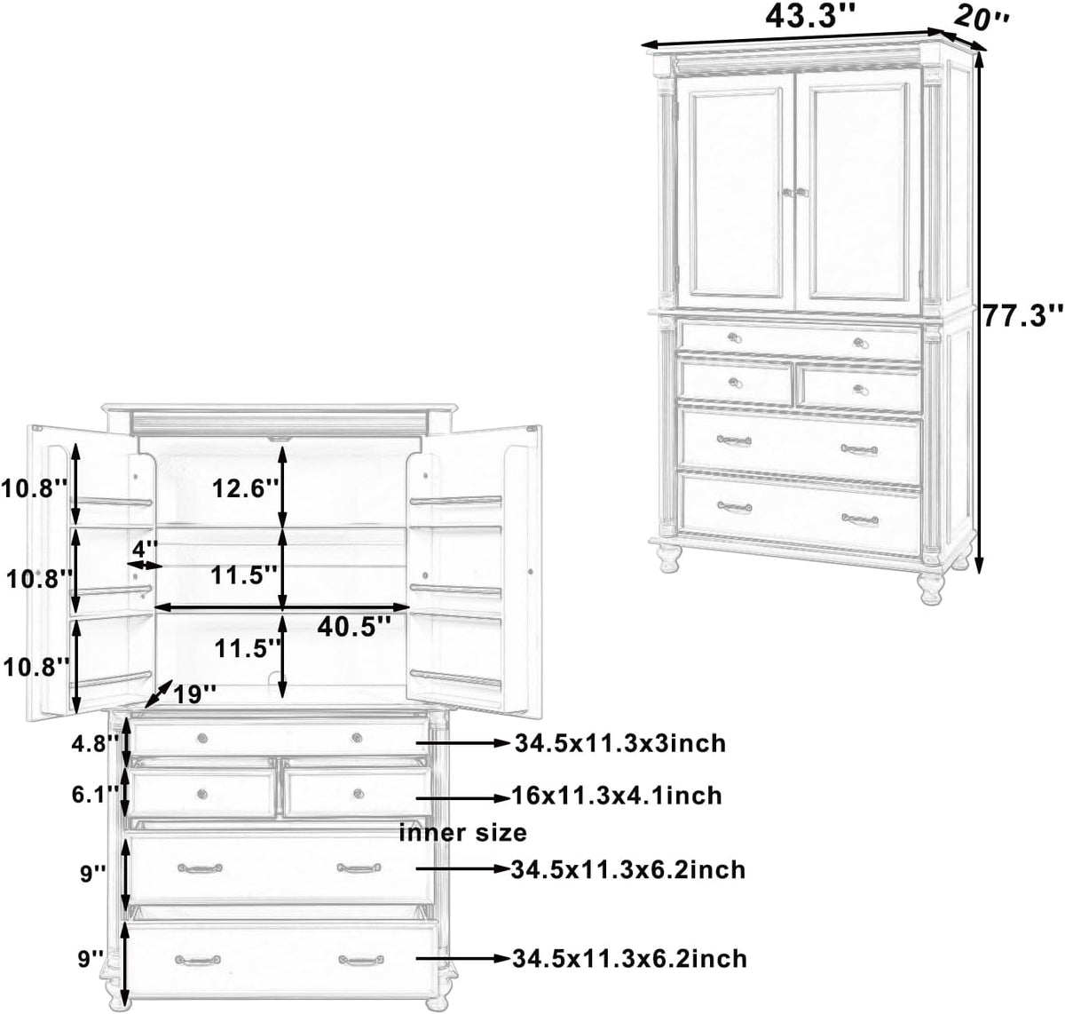 Freestanding 77.3" Tall Storage Cabinet, Wooden Pantry，White | Retro Large Kitchen Pantry, 2 Adjustable Shelves, 5 Drawers, 6 Door Shelves