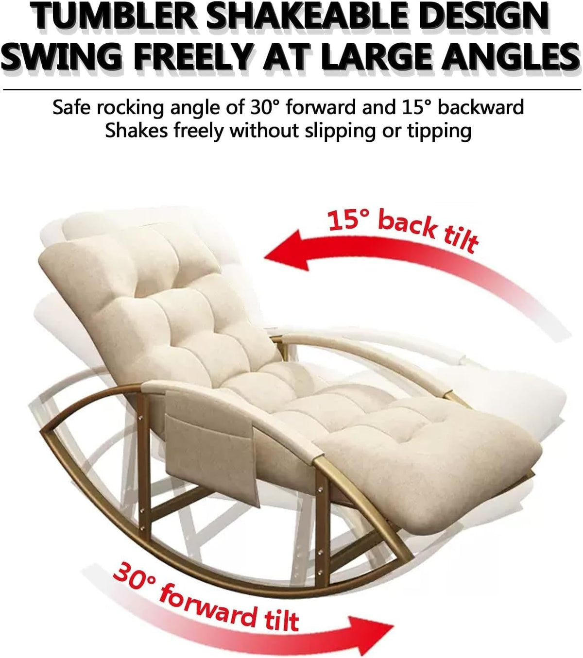 Leisure Rocking Chair and Footstool Set,Living Roomcomfortable Arc Soft Cushion Rocking Chair Breathable Rocking Chair for Bedroom, Modern Armrests Garden Lounger, with Side P,Gray+Gold Legs