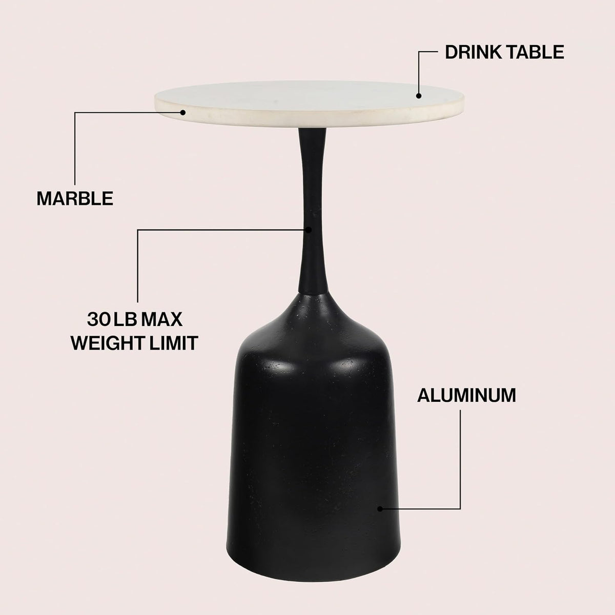 JONATHAN Y Pip Modern Round Marble Drink Table with Antique Black Bell-Shaped Metal Pedestal Base, 20.25" Tall Small Side Accent Martini Table for Living Room and Small Spaces END4002C