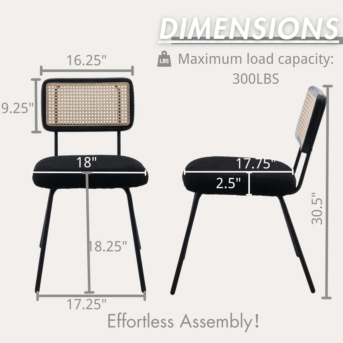 Hyfirm Black Rattan Modern Dining Chairs Set of 4, Armless Side Chairs with Metal Legs for Dining Room/Living Room