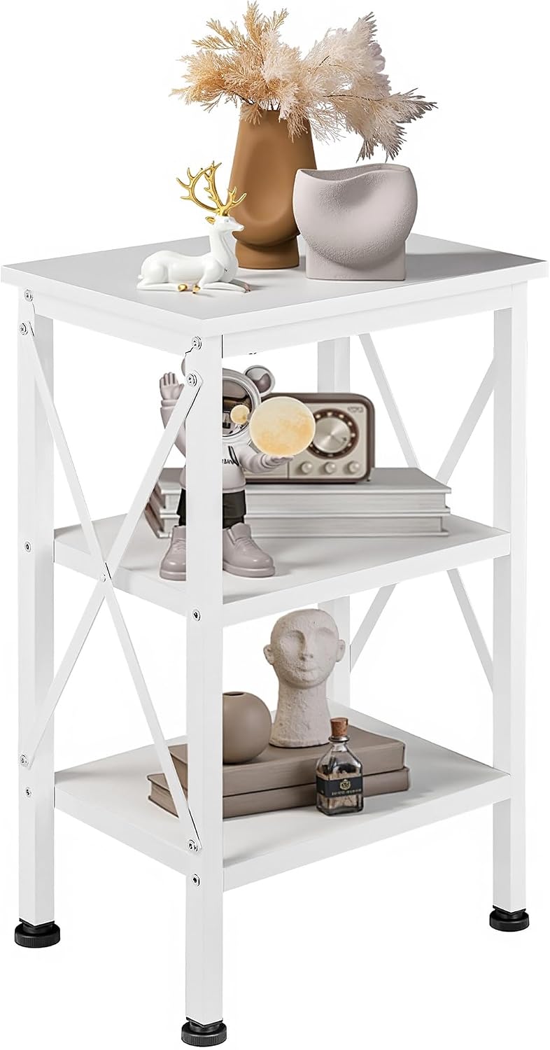 VECELO End Side Table Night Stand,X-Design with Storage Shelf for Bedroom,Living Room,White
