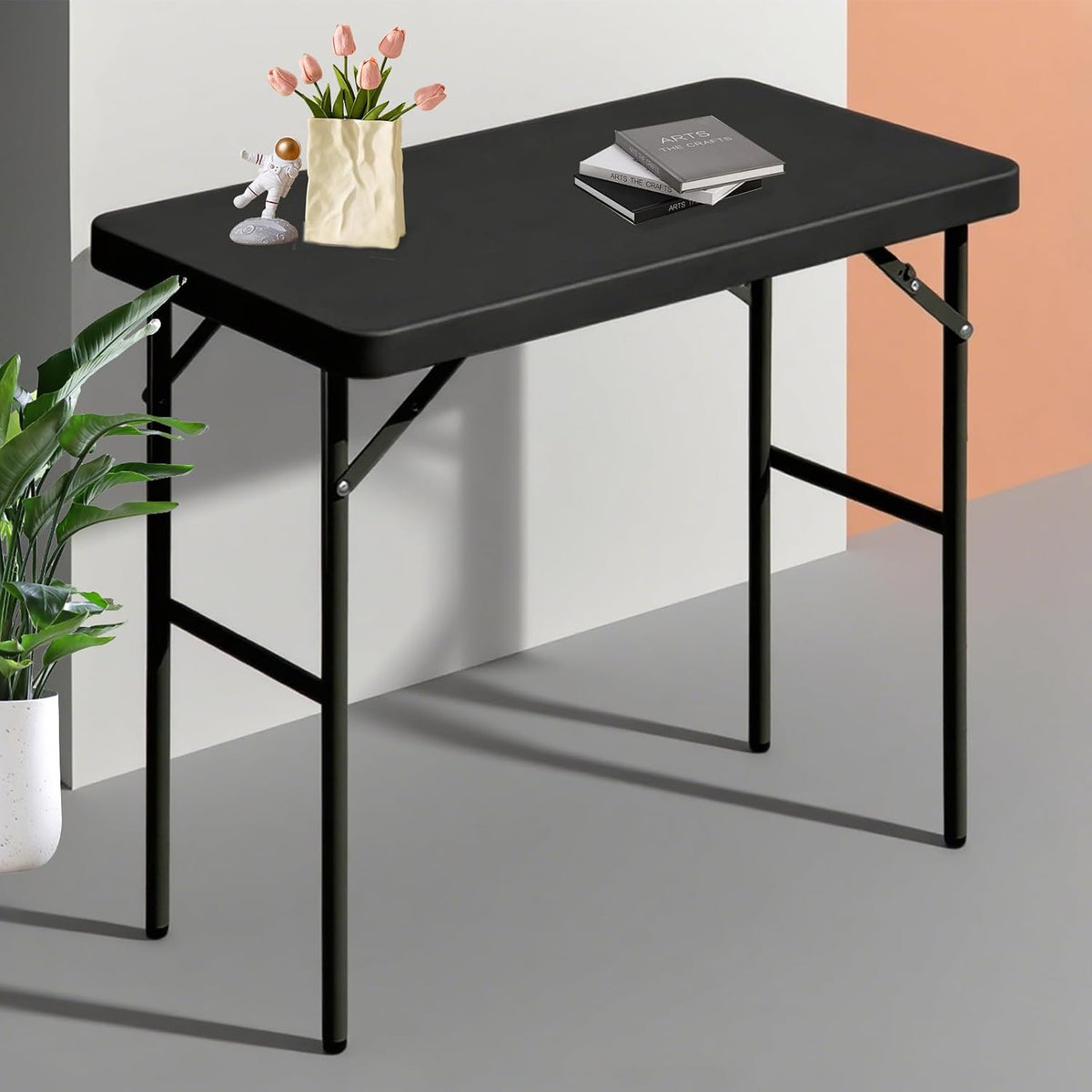 Folding Table 2.7ft Rectangular All-Occasion Plastic Folding Event Table for Indoor and Outdoor, Portable Desk, Camping, Durable and Stable, HDPE and Steel, Wide Application, Black