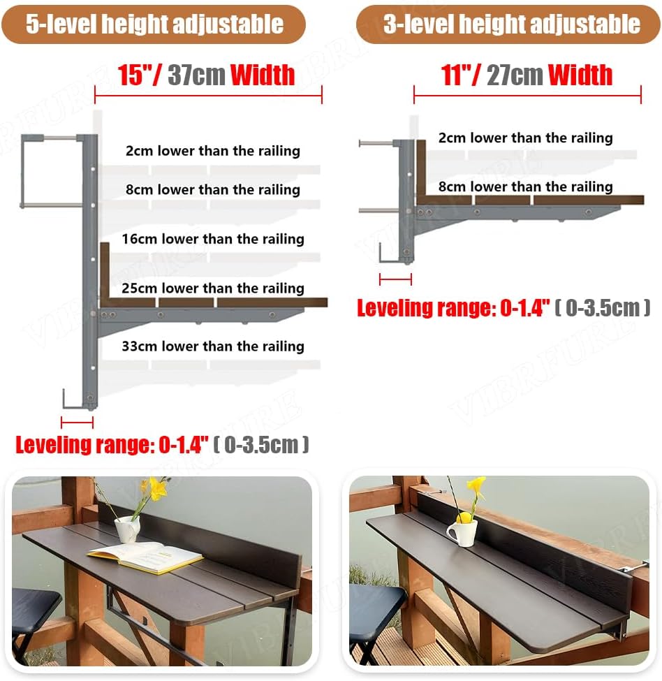 Balcony Railing Table, Folding Deck Table, Adjustable Height Hanging Desk, Easy to Disassemble (Brown, 47" L x 15" W, Wooden)