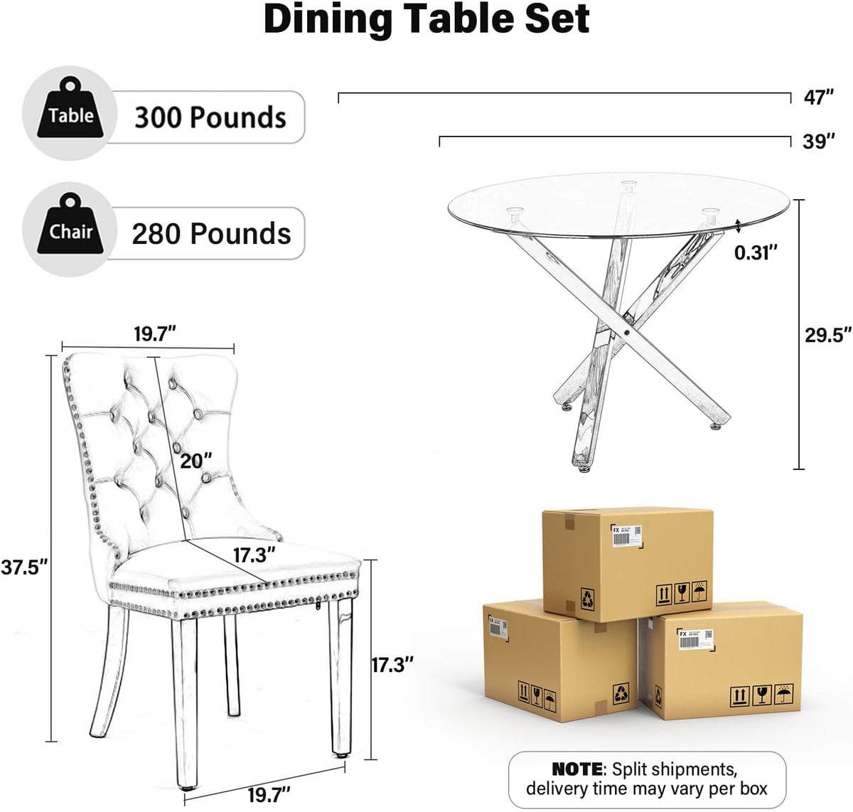 yeag 39 in Luxury Round Dining Table Set for 4, Modern Tempered Glass Top & Square Tube Crossed Metal Legs, with 4 Velvet Upholstered Kitchen Chairs, Adjustable Feet (Silver & Black)