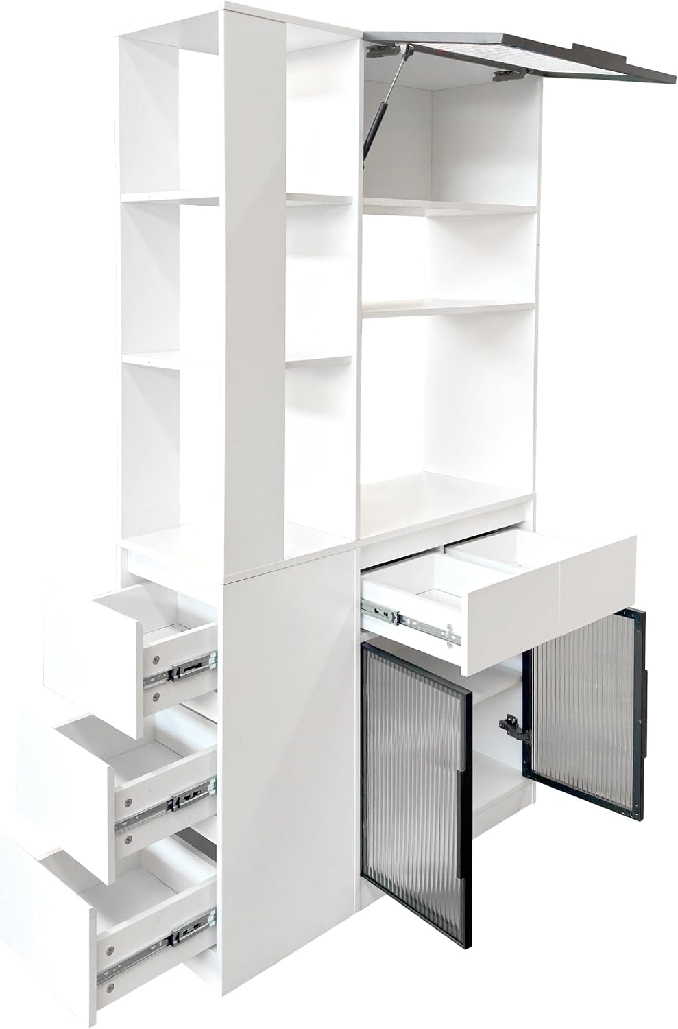Modern 70.87" Tall Storage Cabinet with 5 Drawers, Glass Doors and Display Shelves, Freestanding Kitchen Pantry Cabinet with Microwave Space for Living Room, Dining Room, Hallway, White