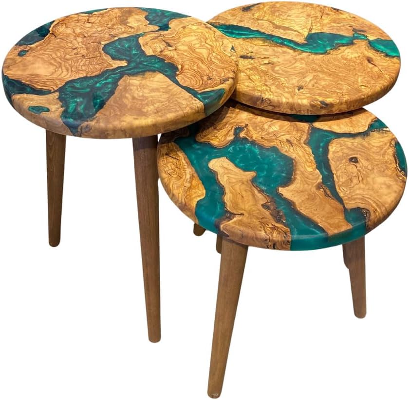 3-Piece Round Nesting Side Table Set 15.7 in Diameter | Olive Wood & Green Epoxy | Modern Scandinavian Style | Wood Grain | Durable & Easy Easy to Wipe | GÖKÇESAN MOBİLYA - Olive Green