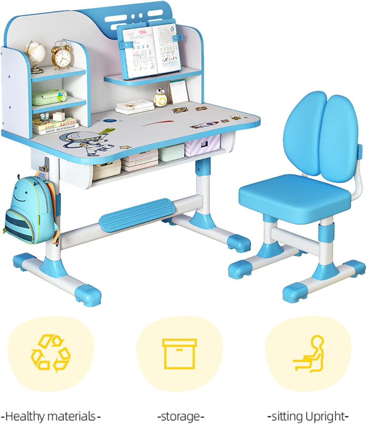 Upgraded Kid's Desk and Chair Set, Adjustable Children's Study Table with Bookshelf and Storage Drawer, 50-Degree Tiltable Desktop with Chair for Bedroom (Blue1 111cm)