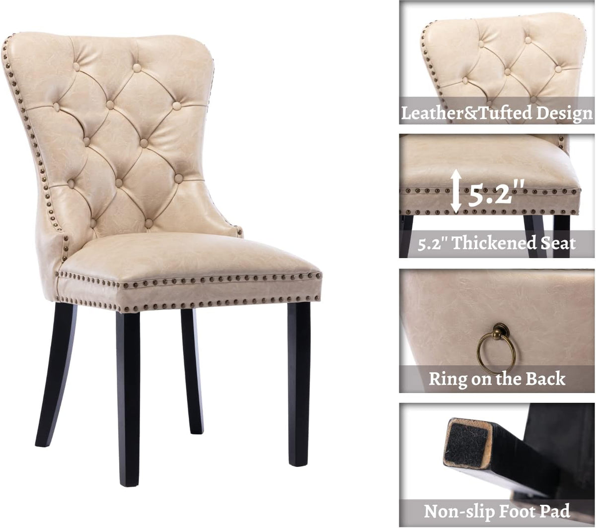 EALSON Modern Dining Chairs Set of 8 Mid Century Leather Dining Room Chairs with Wood Legs Tufted Upholstered Kitchen Side Chairs with Nail Head Trim for Dining Room/Living Room, Beige with Ring
