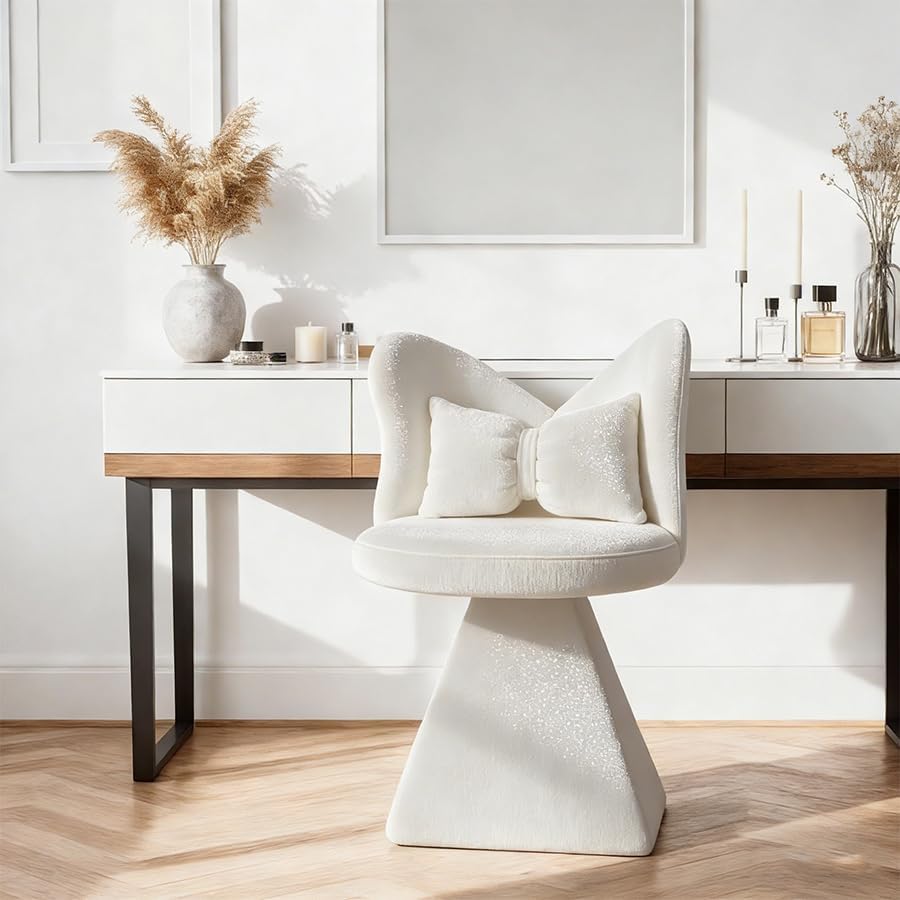 Bedroom Living Room Butterfly Back Chenille Velvet Vanity Stool, Triangular Solid Base 300LBS Heavy-Duty, 360° Swivel Accent Chair for Dressing Table & Dining Space, White