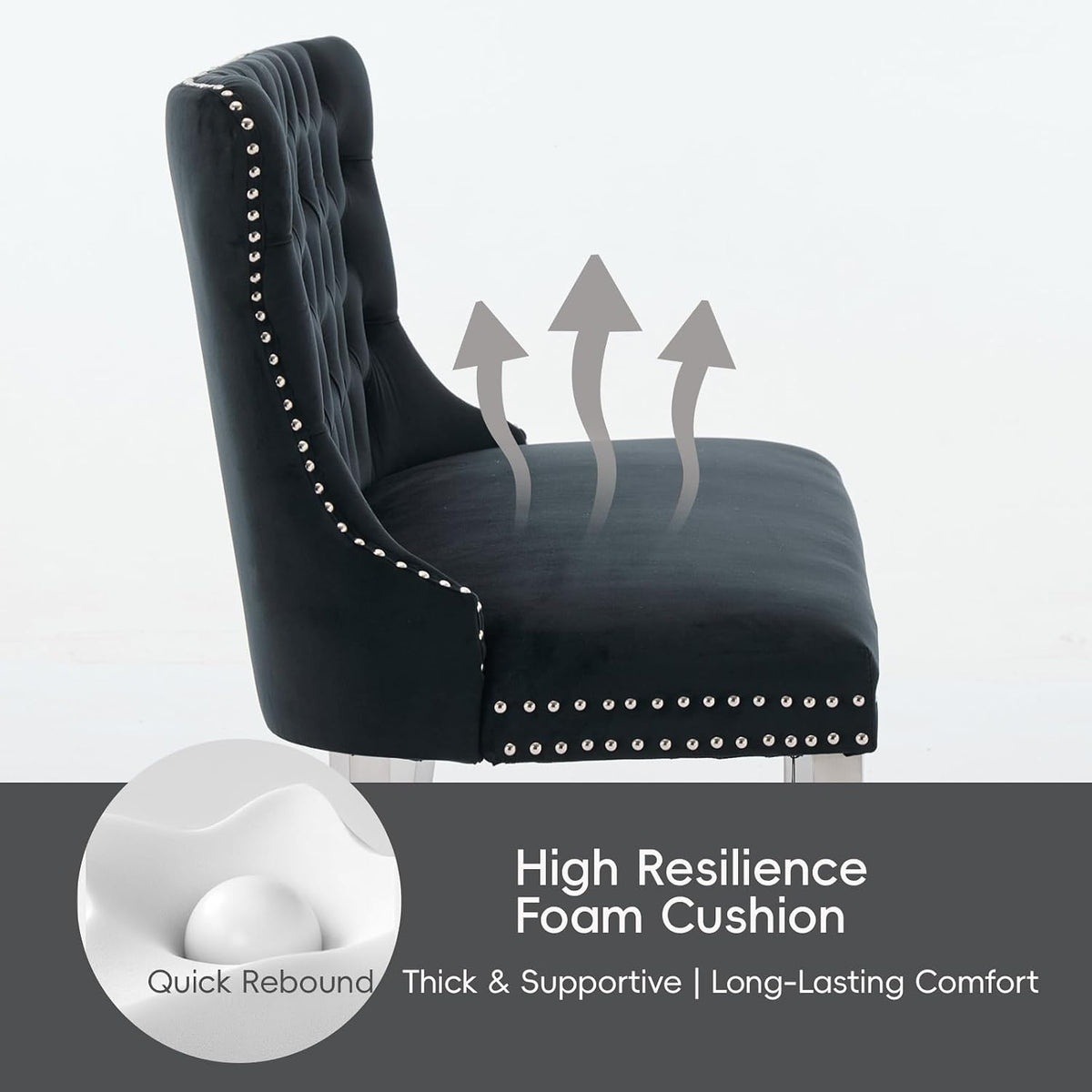 Black Velvet Dining Bench, Tufted Upholstered Dining Loveseat | Wing Back Seating with Silver Stainless Steel Legs, Modern Dining Room Furniture