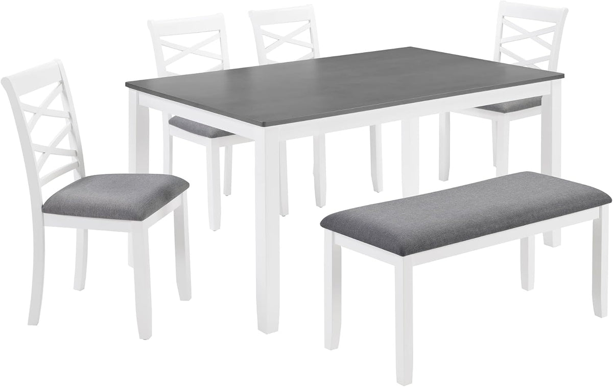Merax 6-Piece Modern Dining Table Set with Chairs and Bench, Wood Kitchen Table Set for 4-6, Rectangular Kitchen Dining Table for Dining Room, Kitchen, Small Apartment, White+Gray