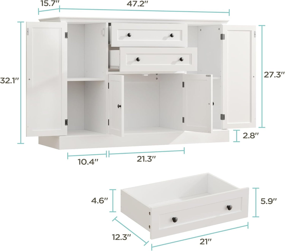 Farmhouse 47" Buffet Cabinet with Storage,Large Sideboard Buffet with Drawers and Adjustable Shelves, Rustic Coffee Bar Cabinet for Kitchen, White