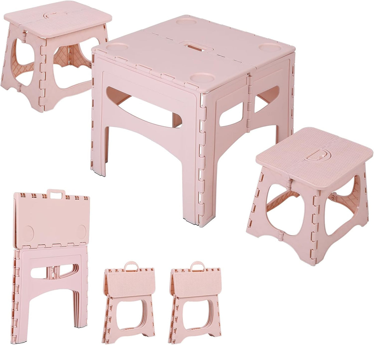 Kids Folding Table and Chairs Set, Portable Activity Desk with 2 Seats for Toddlers, Durable Plastic Picnic Furniture for Indoor Outdoor Learning Play, Easy Storage Light Pink