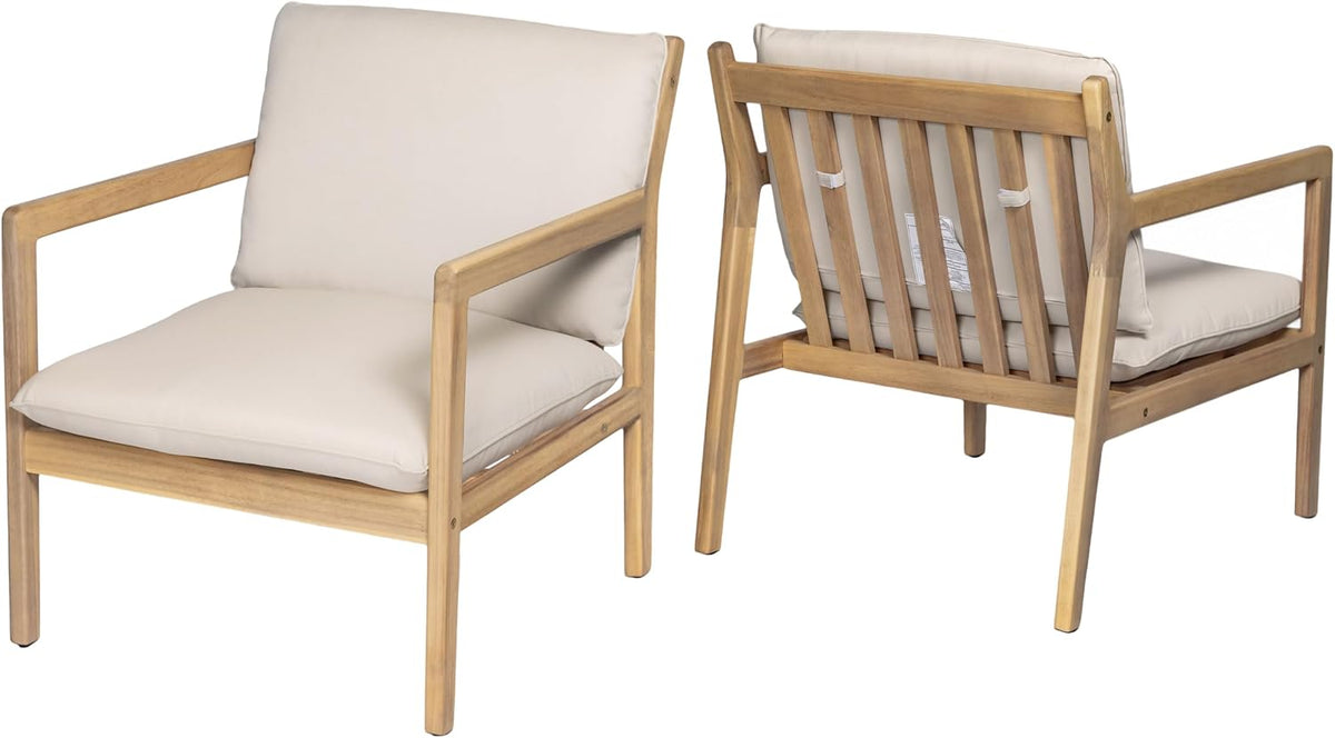 Elountik Acacia Wood Patio Club Chair Set of 2 with Cushions, Outdoor Armchairs for Patio Seating, Light Teak