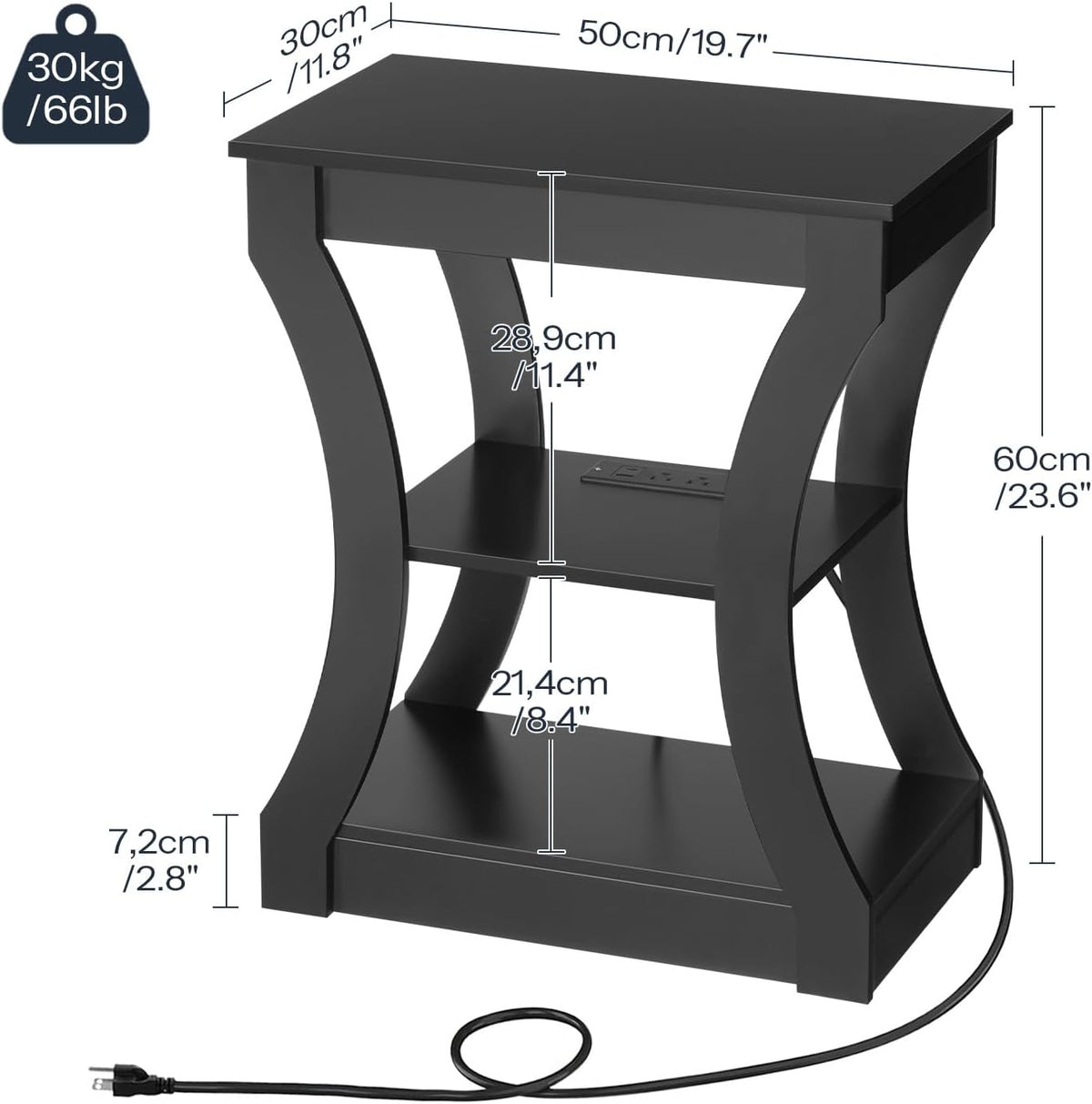 MAHANCRIS Black End Table with Charging Station, Skinny Side Table with USB Ports and Outlets, Nightstand, 3 Tier Bedside Table with Storage Shelf for Living Room, Bedroom, Small Space, ETBK53E01