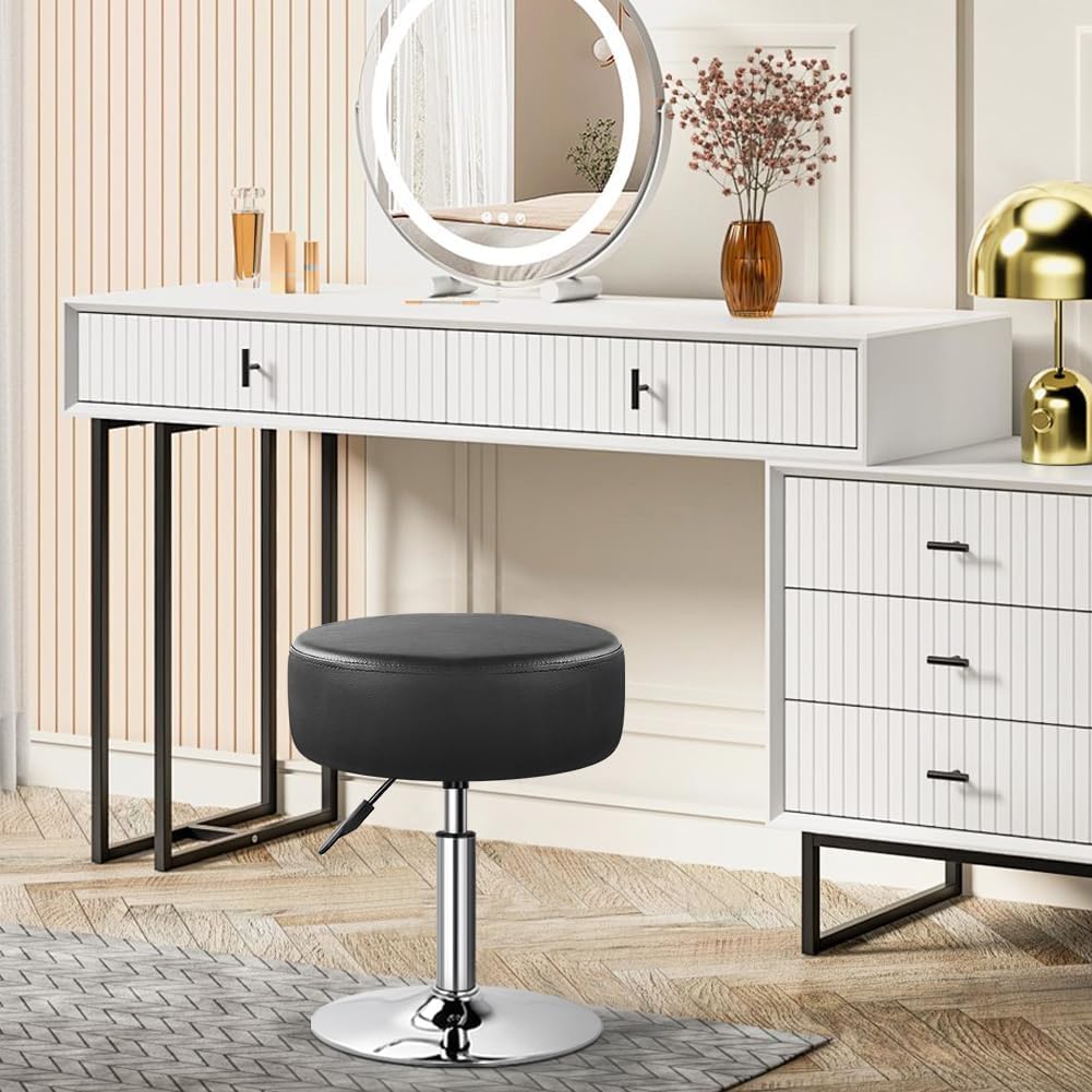 WKWKER Adjustable Vanity Stool for Makeup Room Swivel Makeup Stool Small Round Ottoman for Living Room Makeup Chair for Bedroom SPA Salon Studio (Black)