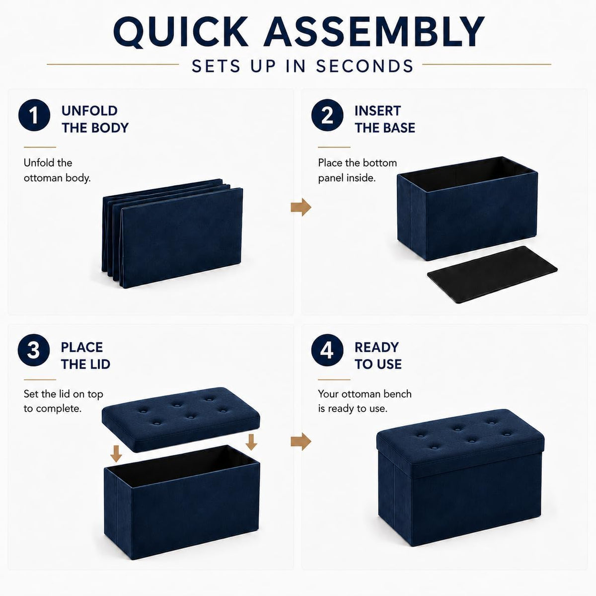 ALASDO 30 Inch Folding Storage Ottoman Bench with Hidden Storage, Velvet Storage Ottoman Foot Rest Stool, End of Bed Bench for Bedroom, Living Room, Entryway and Closet, Navy Blue