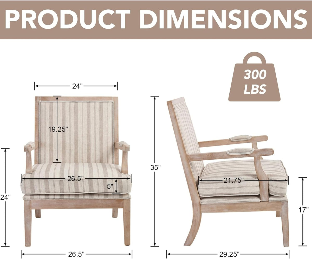Modern Farmhouse Striped Accent Chair, Wide Upholstered Armchair with Armrest Pads, Coastal French Country Solid Wood Reading Chair for Living Room Bedroom Guest Room, Linen Fabric