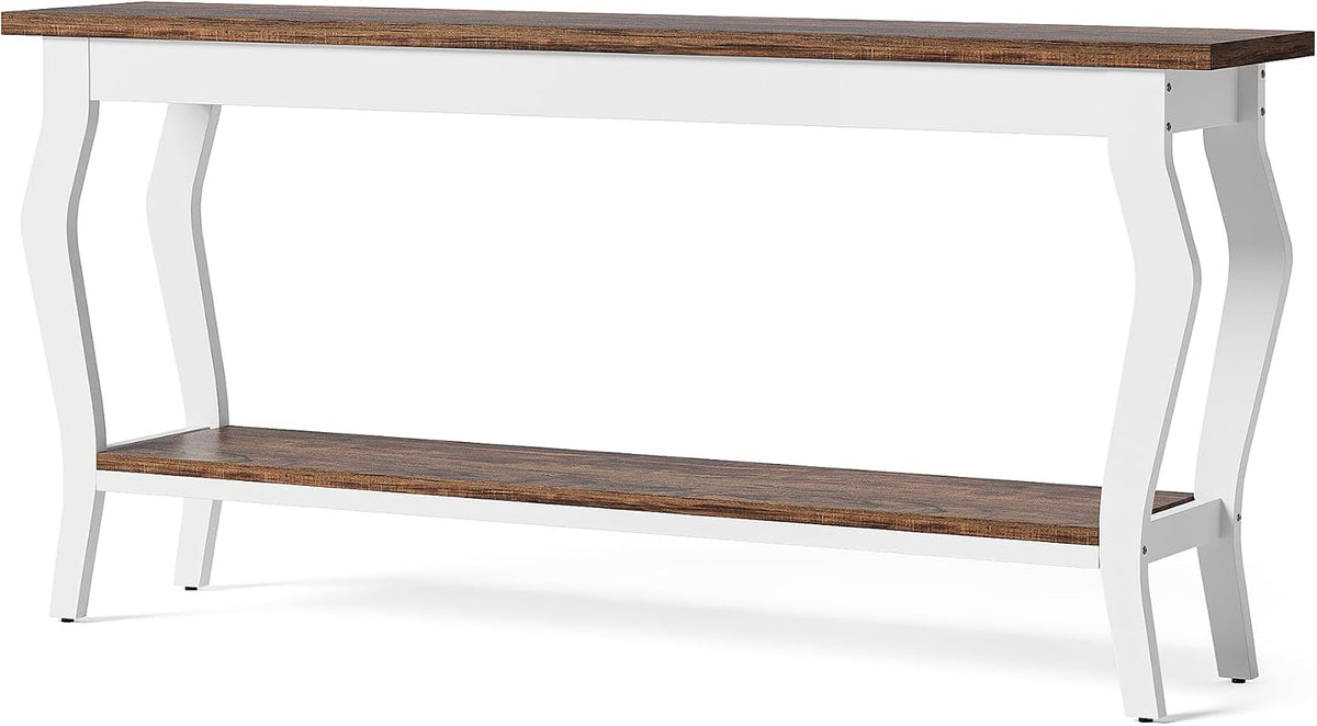 LITTLE TREE 70.9 Inches Long Console Table, 2-Tier Vintage Wooden Sofa Table Behind The Couch with Metal Legs for Hallway, Entryway, Living Room, Brown & White