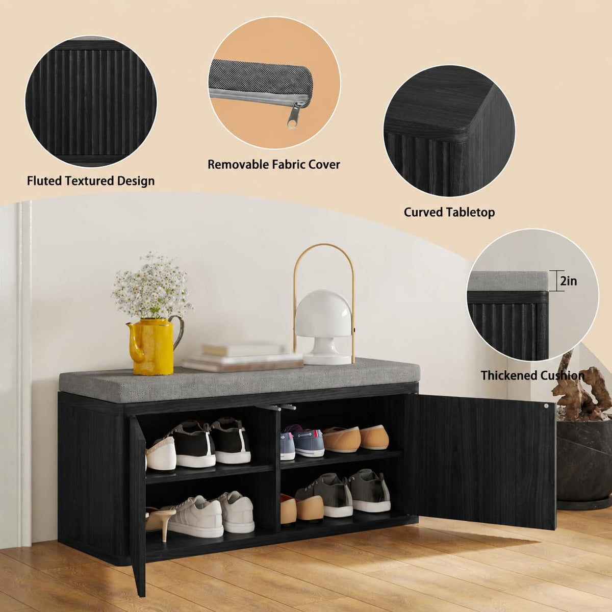 Entryway Shoe Storage Bench with 2" Cushion, 37.4" Small Bench with Shoe Rack, Cabinet Organizer for Hallway, Bedroom End of Bed (Black)