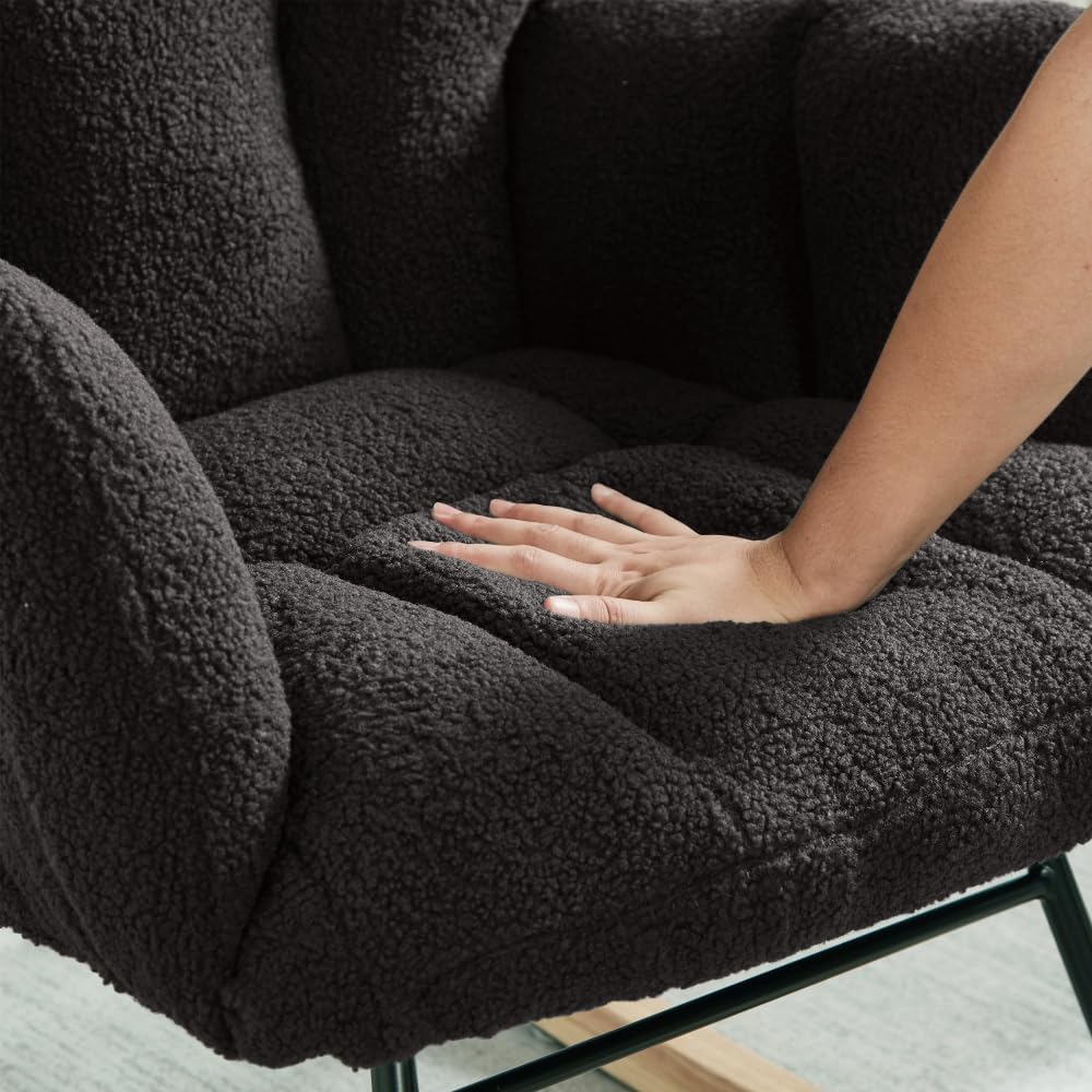 Tufted Upholstered Teddy Fabric Rocking Chair with Metal Frame Accent Chair Ivory White (Dark Gray + Teddy)