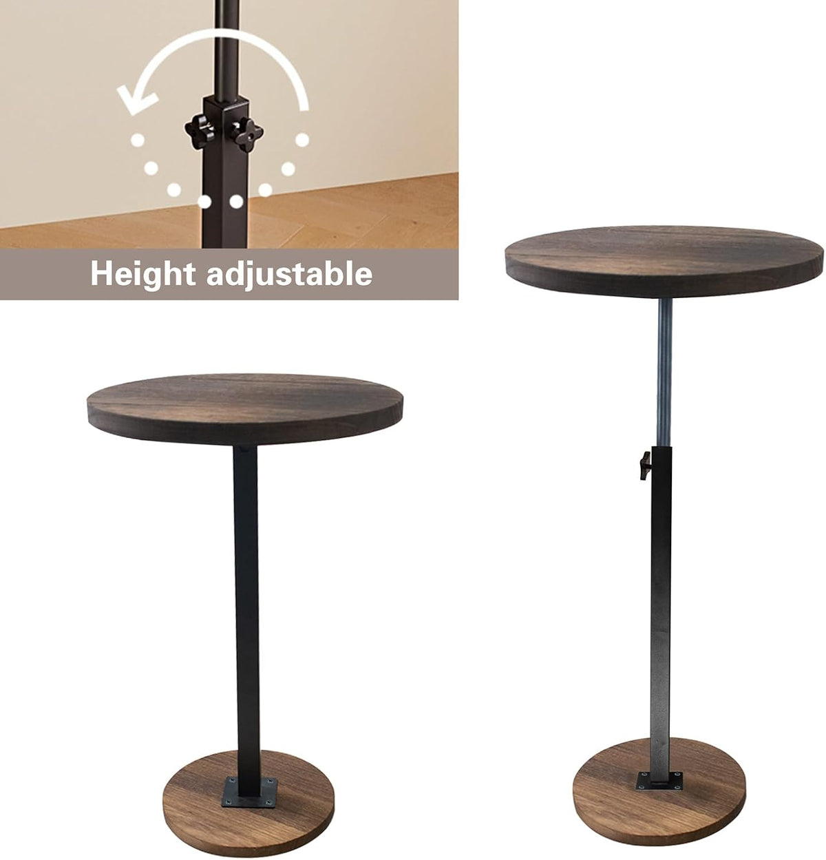 Small Side End Table, Adjustable Height and 360° Swivel Drink Desk for Small and Narrow Space, 11.7 Inch Diameter Rustic Round Table for Bar, Cafe, Living Room Sofa, Bedroom Nightstand
