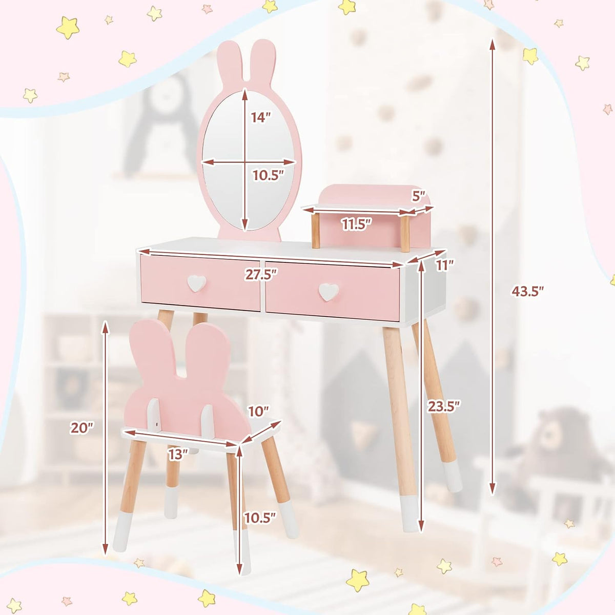 INFANS Kids Vanity Set, 2 in 1 Wooden Princess Makeup Table and Chair with Mirror Storage Drawers Shelf, for Little Girls, Rabbit Themed Toddler Dressing Desk Beauty Play Set Gift