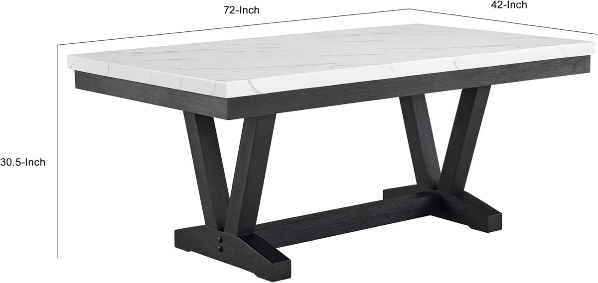 Benzara Vinz Dining Table, 72 Inch White Faux Marble Top, Black Trestle Base