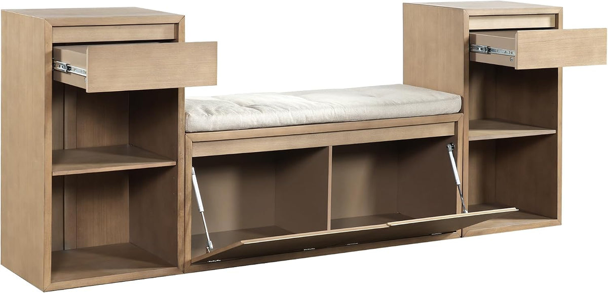 Merax Shoe Storage Bench with Cushion & Flip Compartments, All-in-One Entryway Bench with Drawers and Open Shelves, Solid Wood Storage Bench for Mudroom Hallway Living Room, Rustic Brown