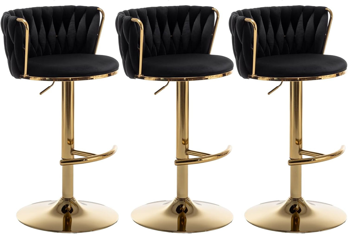 Riknuxi Velvet Bar Stools Set of 3, Counter Height Bar Chairs with Low Back, Gold Swivel Bar Stools for Kitchen Island, Pub (Black)