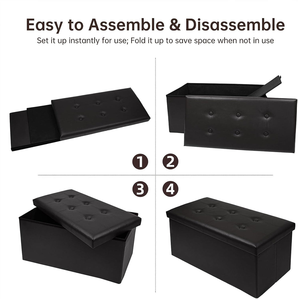 30 Inches Folding Storage Ottoman Bench, Faux Leather Footstool Ottoman, Storage Trunk Footrest for Bedroom, Living Room and Hallway, Support 350lbs, Black（Black line）
