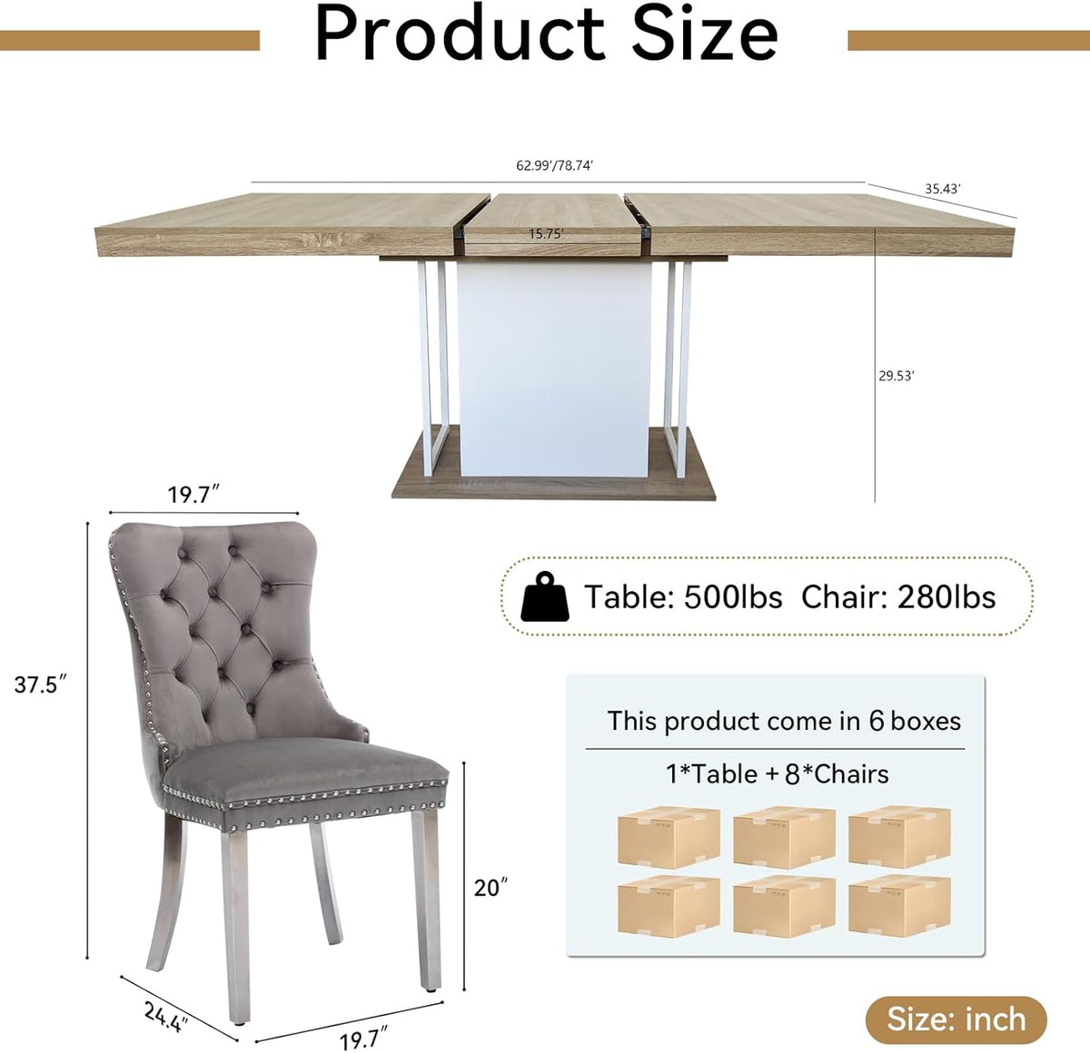 78.7" Farmhouse Extendable Dining Room Table Set for 8, 9-Piece Rectangle Kitchen Dining Table Set with Wood Base and 8 Grey Velvet Dining Chair, Extending Kitchen & Dining Table Set