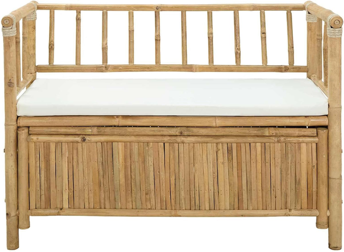 Garden Storage Bench, 43" Outdoor Storage Box Bench with Seat, Natural Bamboo Deck Box for Patio, Backyard and Sunroom, Decorative Wood Bench with Hidden Compartment