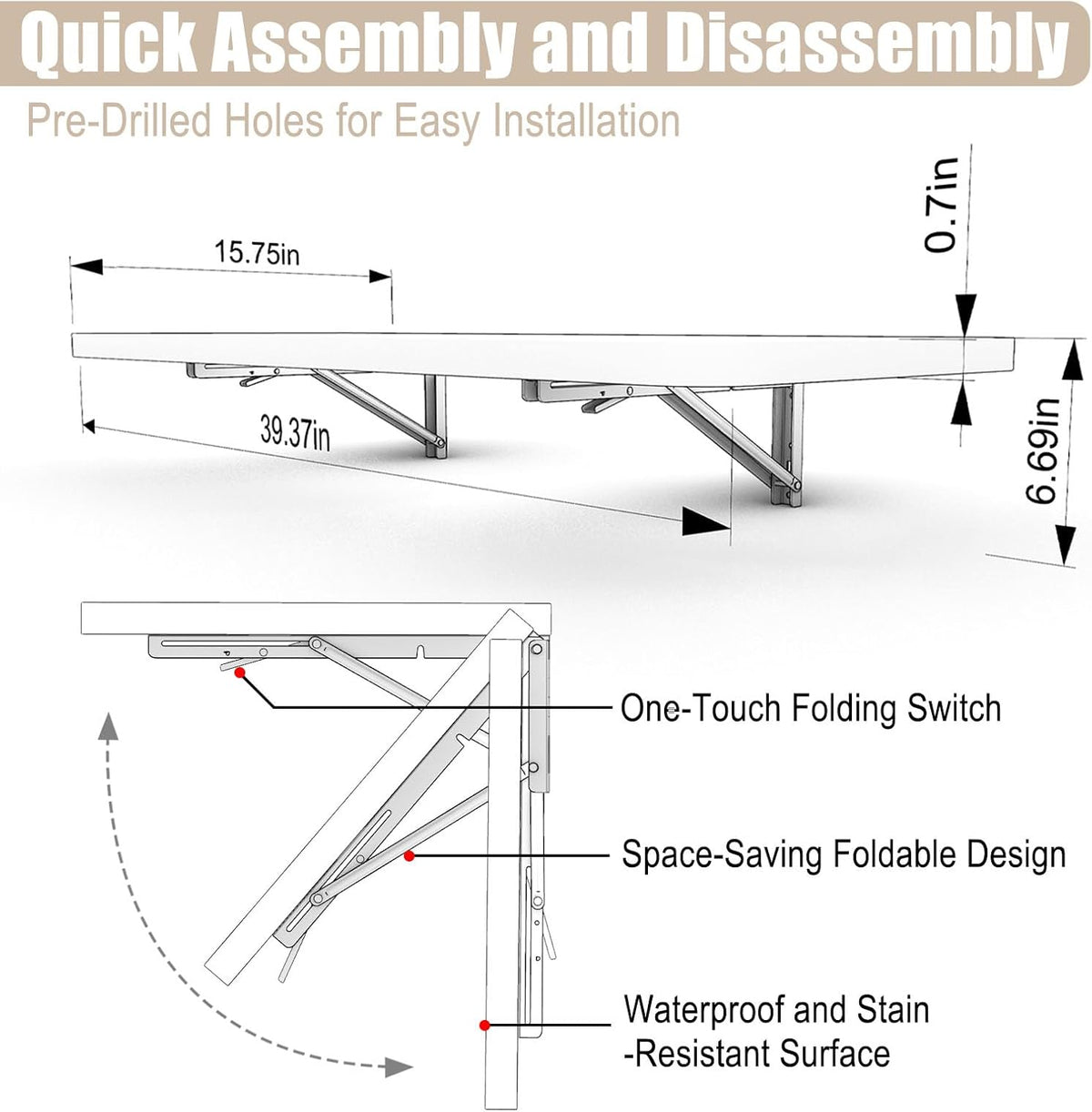 Wall Mounted Folding Table 40"x 16" with Removable Heavy-Duty Brackets Support Up to 200 Pounds Folding Desk for Small Space Home Laundry Room Office Rv Suitable for Solid Wall (Grey Marble Pattern)