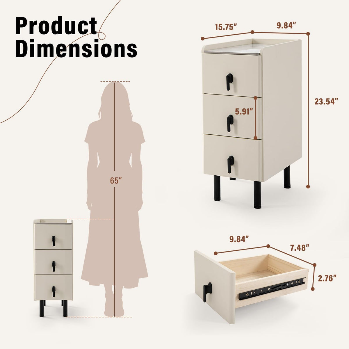 Homcosan Night Stand Small Size 9.84", Modern Minimalist Bedside Table with 3 Drawer, Easy Assembly, Narrow End Table for Small Space, Bedroom, Vanity, Dorm (Cream)