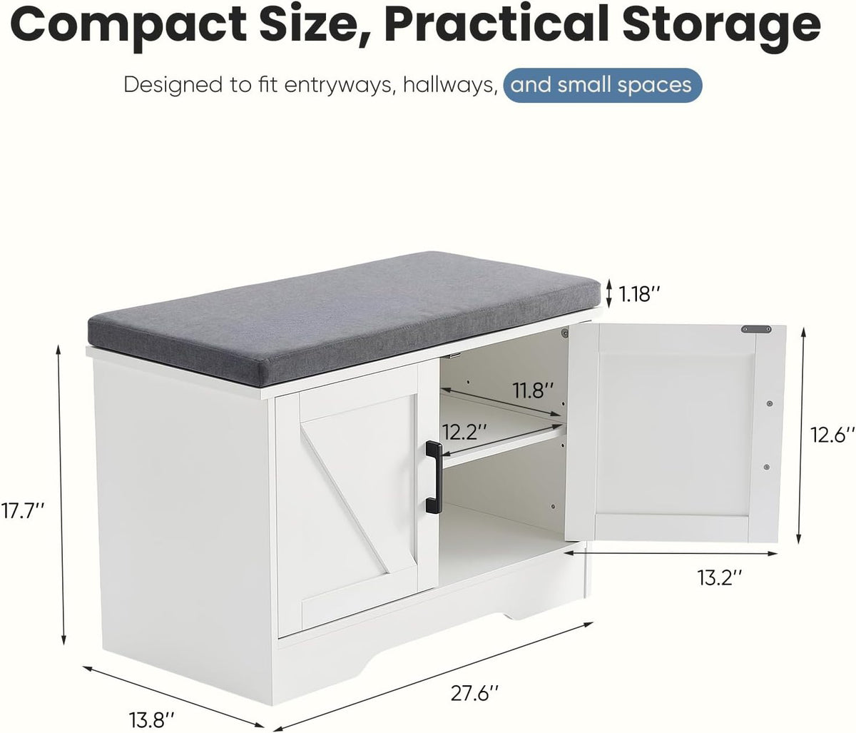 NEWBULIG Shoe Storage Bench for Entryway with Cushion, 27.6IN, White | Shoe Organizer Cabinet with Padded Cushion and Doors, Adjustable Shelves, Shoes Bench for Hallway, Mudroom, Bedroom