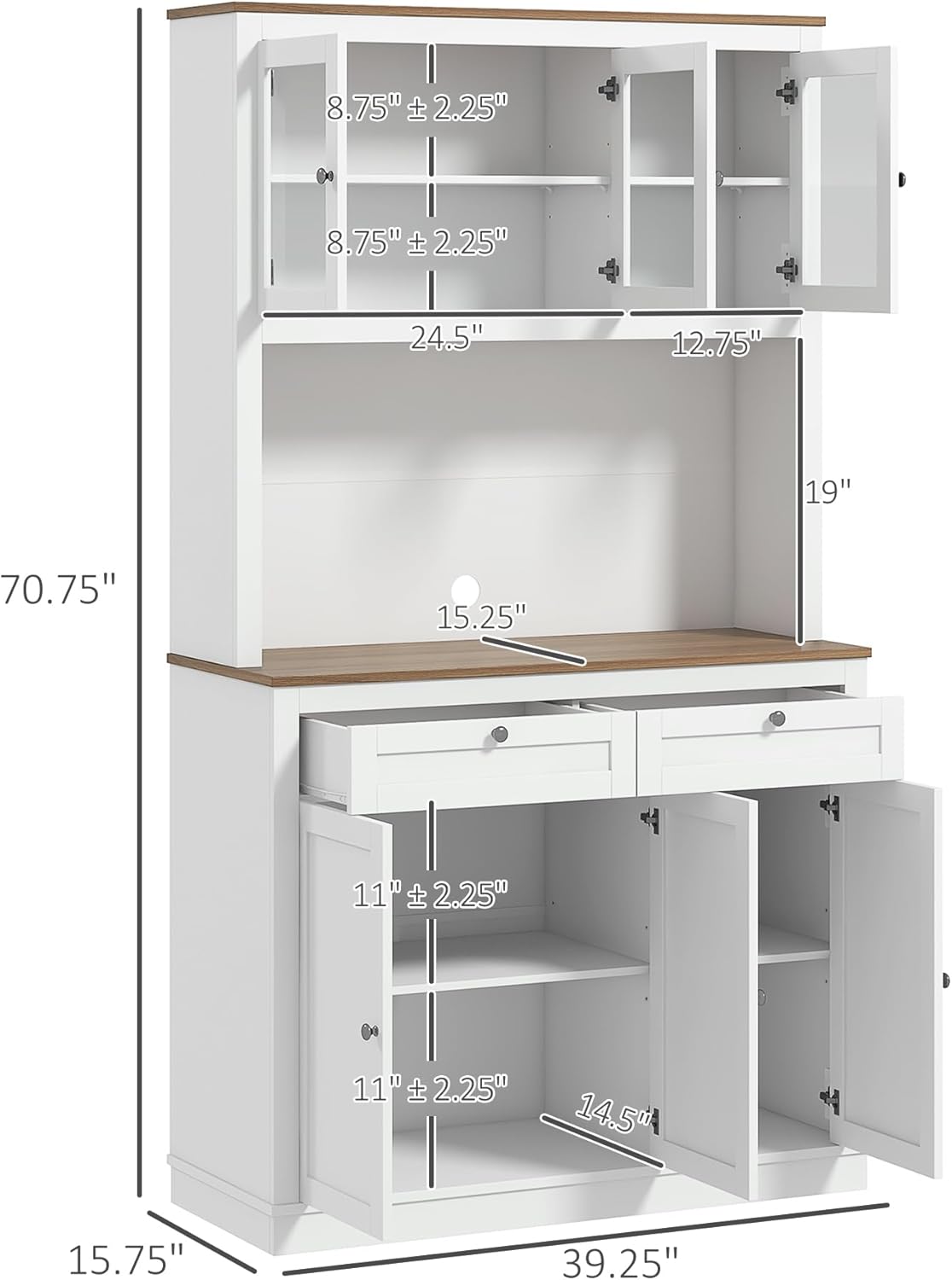 71" Tall Kitchen Pantry, Freestanding Kitchen Hutch Storage Cabinet with Glass Doors, 2 Drawers, Adjustable Shelves for Dining Room Kitchen