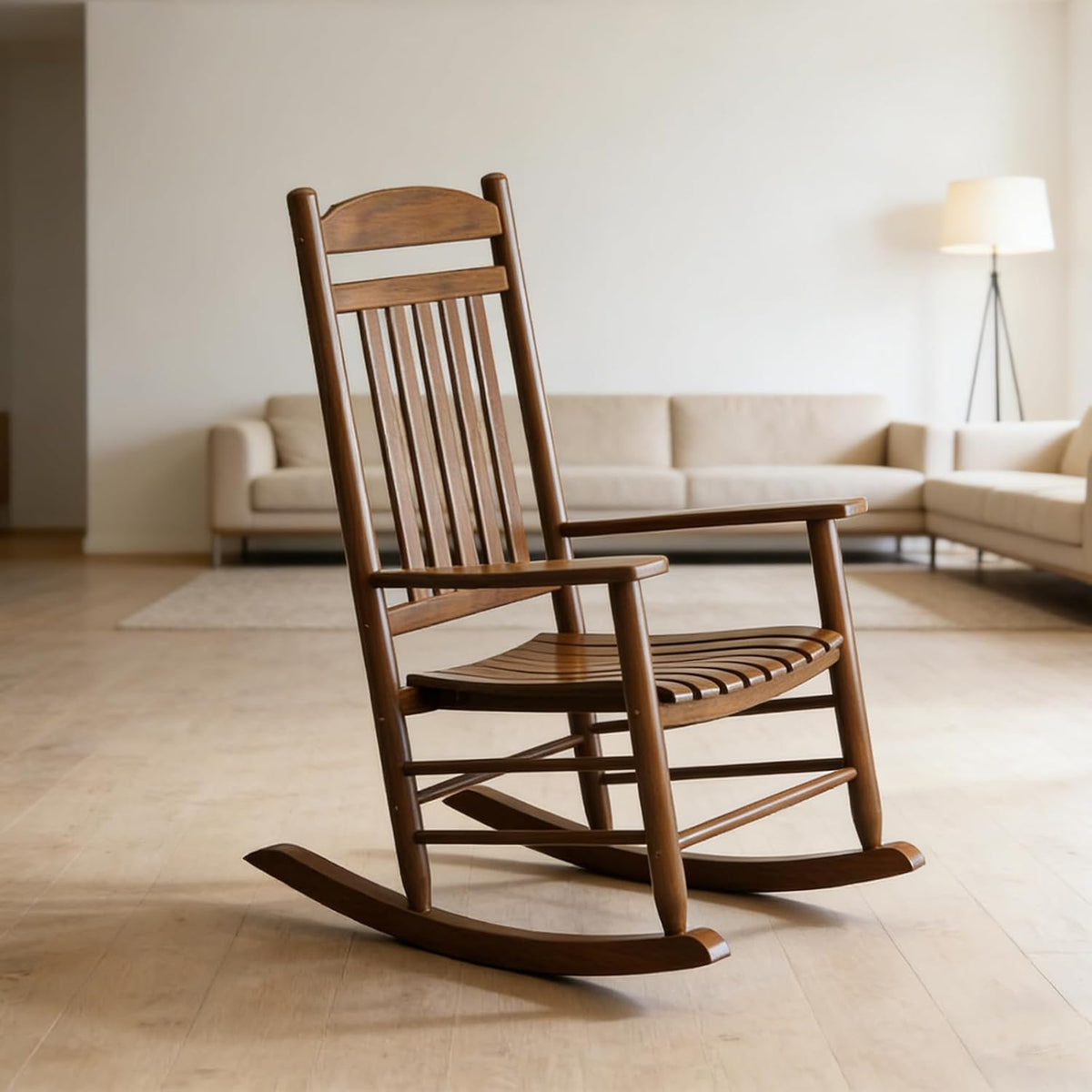 Wooden Outdoor Rocking Chair, Weatherproof Oversized Rocking Chair, Heavy Duty Comfort Brown 450 lbs Weight Capacity, Solid Relaxing Rocker Brown High Back for Patio, Porch, Living Room,