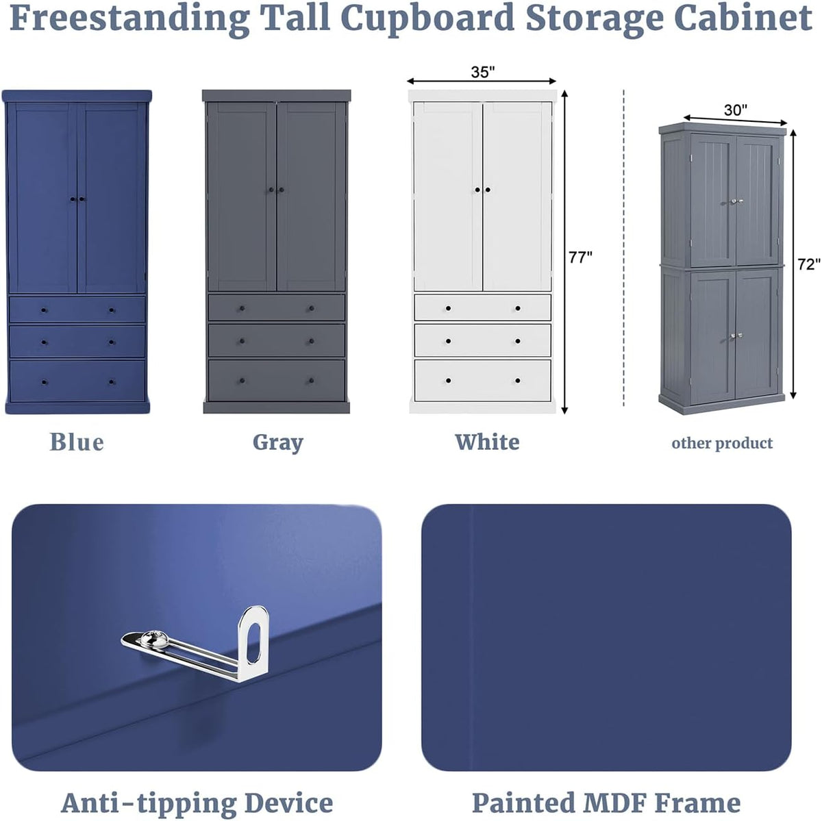 JIJIWANG 77inch Farmhouse Kitchen Pantry Storage Cabinet with Adjustable Shelves and Storage Cabinet,Versatile Cupboard with Door Shelves and Drawers,for Kitchen,Dining Room,Blue