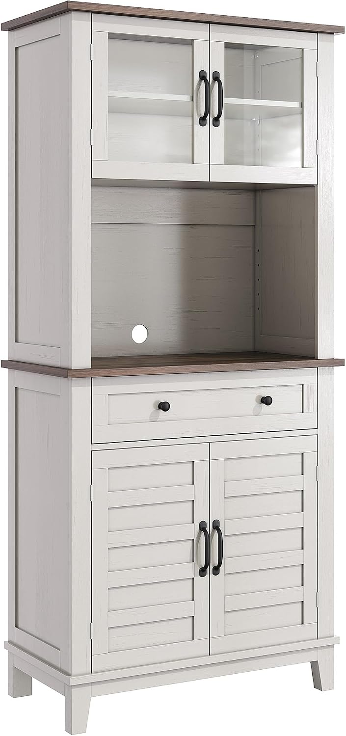 72" Pantry Cabinet with Storage Drawers 2 Glass Doors, Farmhouse Kitchen Hutch, Farmhouse Kitchen Hutch with Storage Drawers for Living Room, Dining Room,