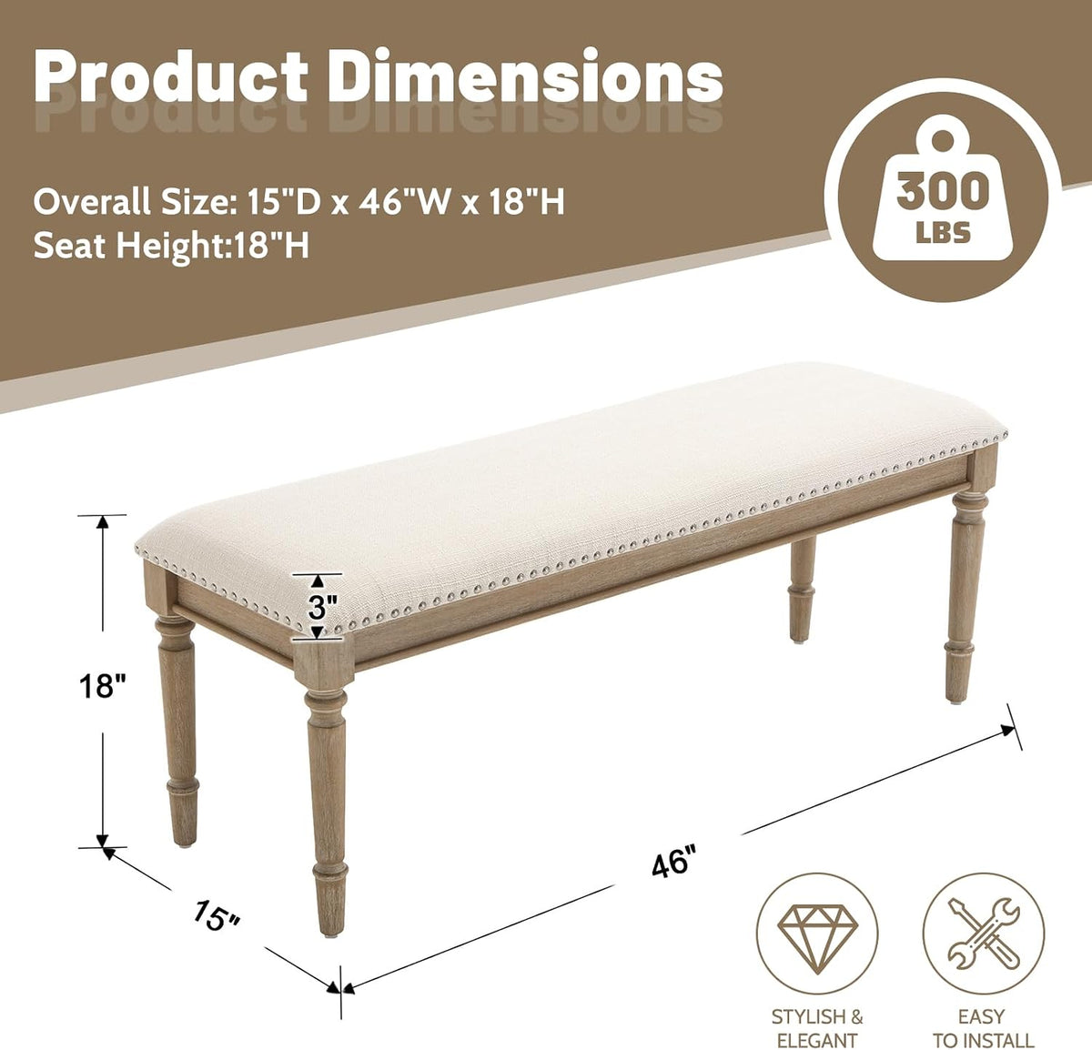 chairus Farmhouse Dining Bench 46" Wooden Entryway Bench with Padded Seat and Nailhead Trim for Kitchen Bedroom,Indoor and Hallway, Beige Linen