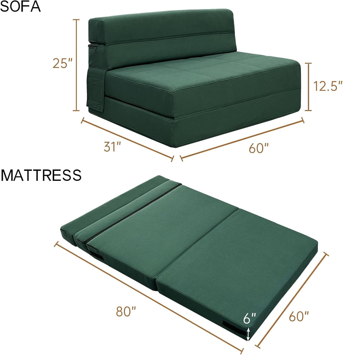 Folding Sofa Bed, Fold Out Couch Memory Foam Sleeper Chair with 2 Pillows | Queen Size Futon Couch Guest Convertible Chair Bed, Comfy Floor Sofa Lounge Washable Cover, Dark Green