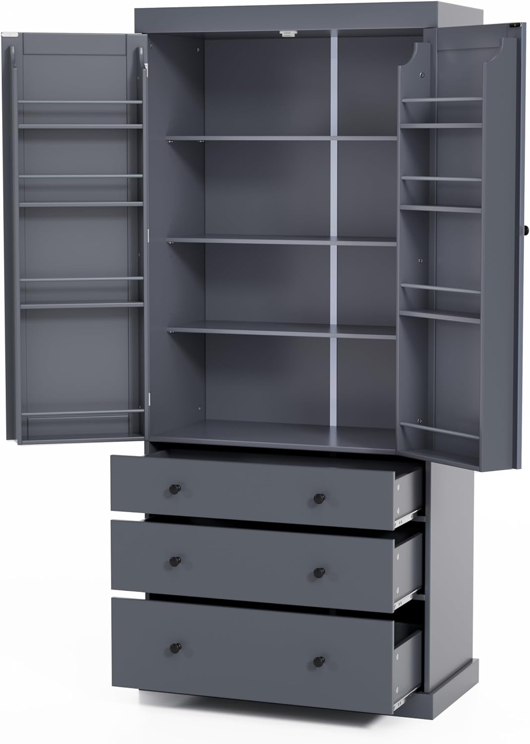 Ball & Cast 77" Freestanding Kitchen Pantry with 3 Drawers and Adjustable Shelves,Tall Cupboard Storage Cabinet with 8 Door Shelves, for Kitchen,Dining Room,Living Room,Apartment,Gray
